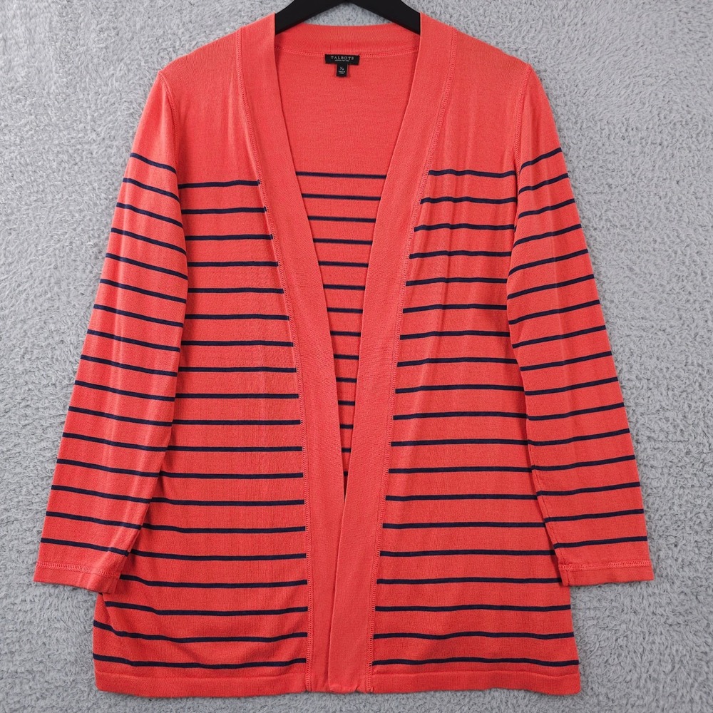 Talbots Sweater Women XP Coral Blue Striped Open Front Lightweight Knit Cardigan